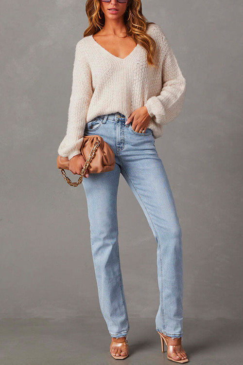 Raw Hem Distressed Straight Leg Denim Pants LightBlue