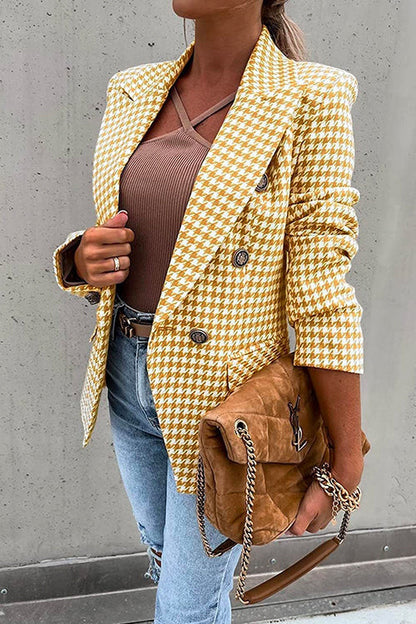 Claasic Double Breasted Slim Fit Houndstooth Blazer Yellow