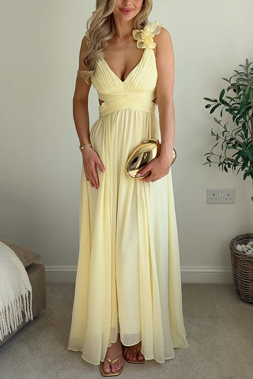 V Neck Sleeveless Cut Out Waist Ruffle Maxi Dress