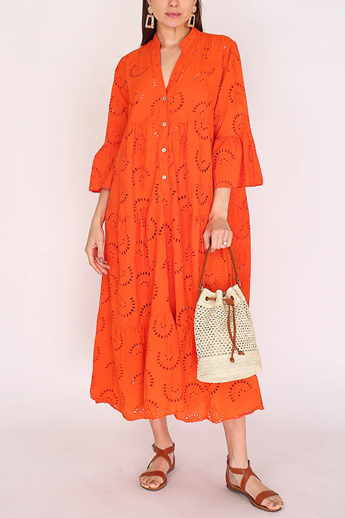 V Neck Flare Sleeves Lace Hollow Out Tiered Maxi Dress