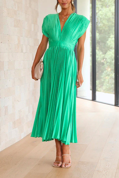 Deep V Neck Waisted Maxi Pleated Swing Dress Green