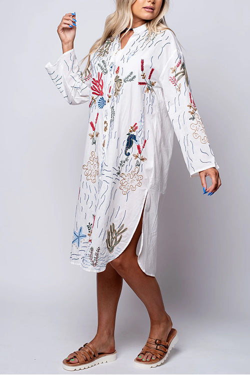 V Neck Long Sleeves Side Split Embroidery Shirt Dress