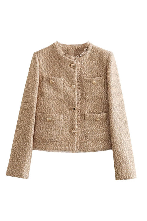 Button Up Frayed Hem Short Tweed Jacket