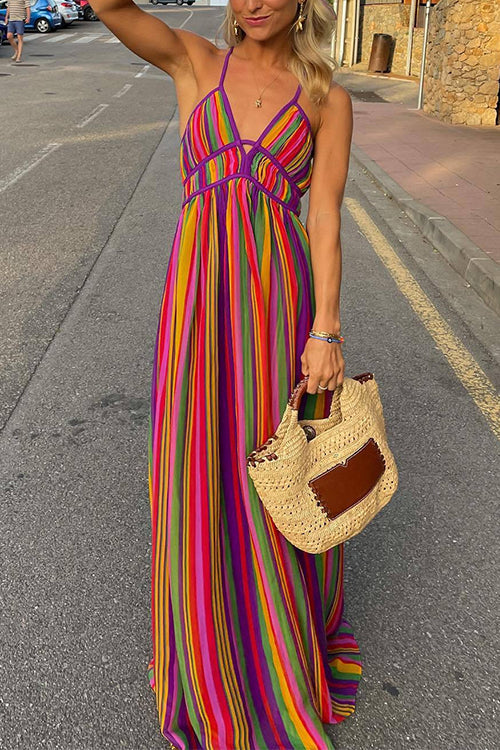 V Neck Backless Rainbow Stripes Cami Maxi Holiday Dress Rainbow