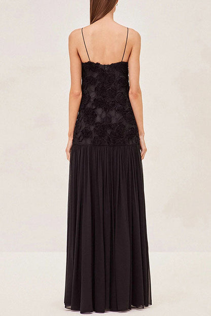 Spaghetti Strap Floral Applique Patchwork Maxi Dress