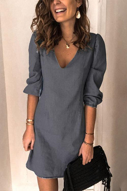 Annette V Neck Elastic Cuffs Mini Dress(5 Colors Available) Gray