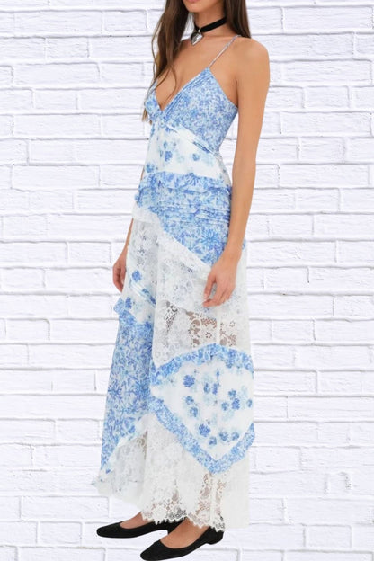 Lace Floral Ruffle Trim Maxi Dress for Women | Elegant Flowy Summer Dress | Romantic Wedding Guest & Vacation Dress