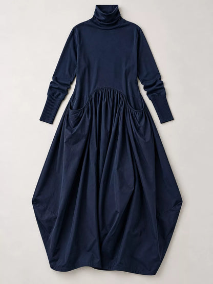 Turtleneck Maxi Dress with Long Sleeves and Pockets