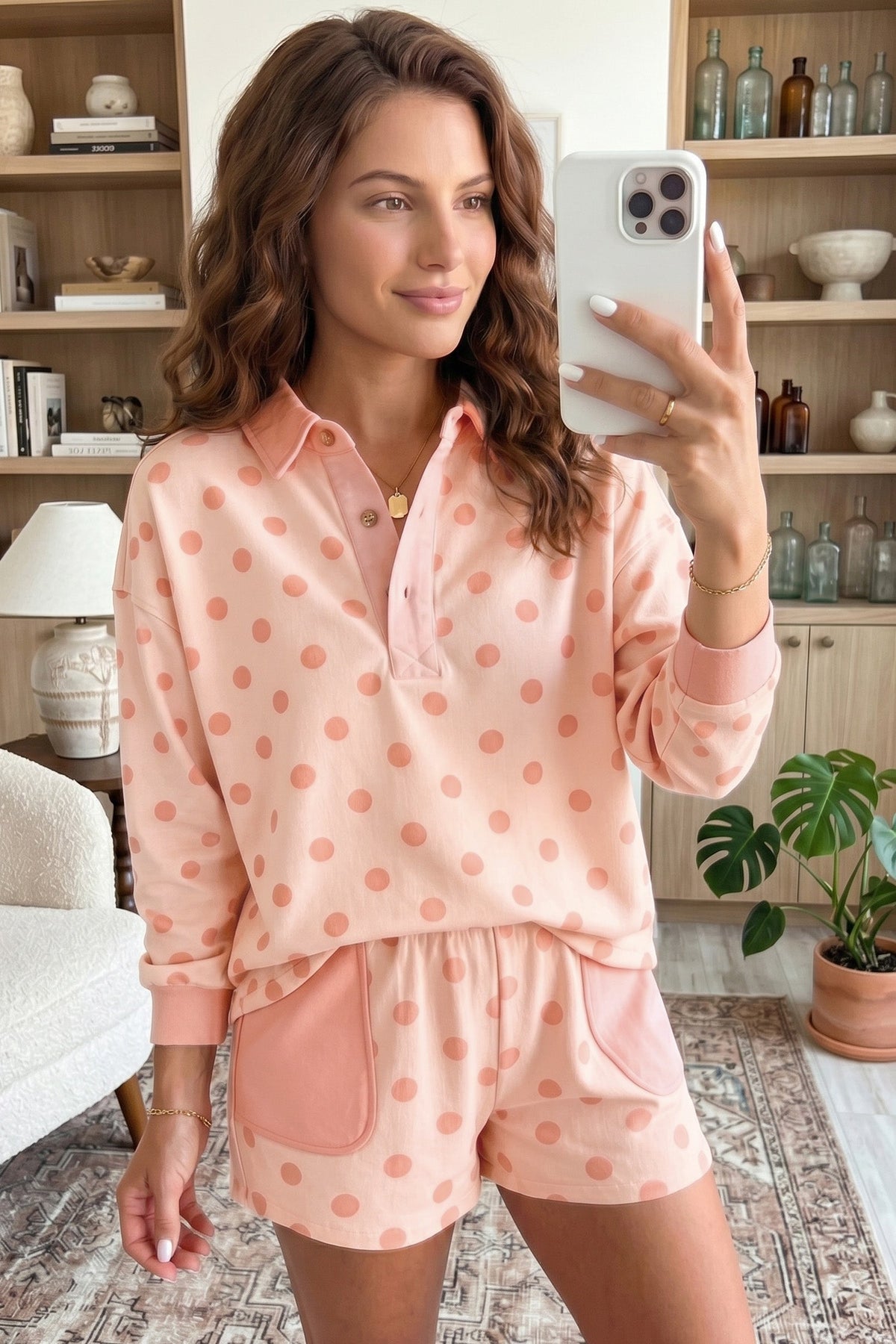 Pink Polka Dot Drop Shoulder Polo Loose Pullover Patch Pocket Casual Shorts Set