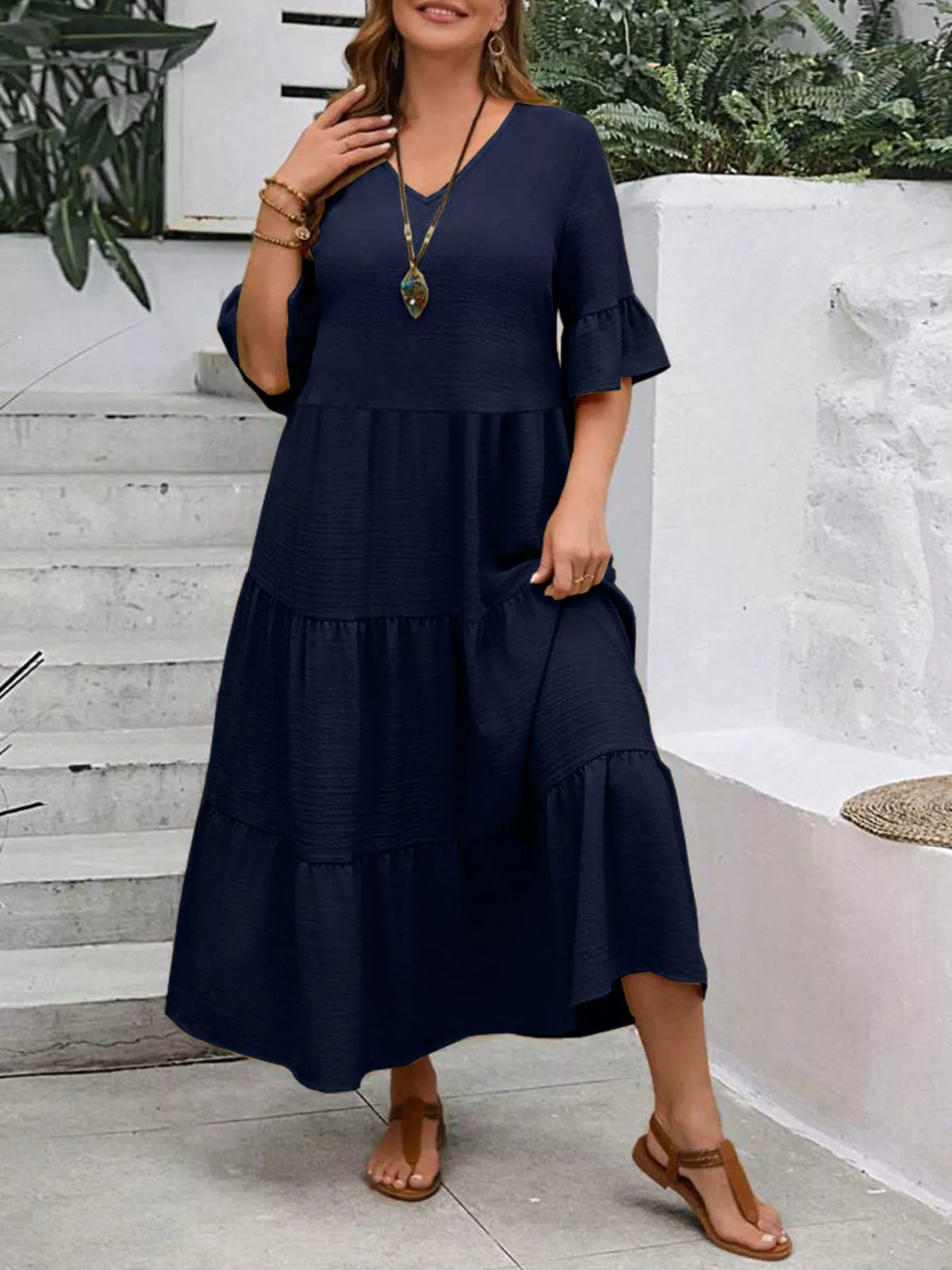 Plus Size Ruffle Sleeves Tiered Midi Dress