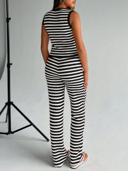 Striped Knit V-Neck Button-Up Sleeveless Top and Flare Pants Set