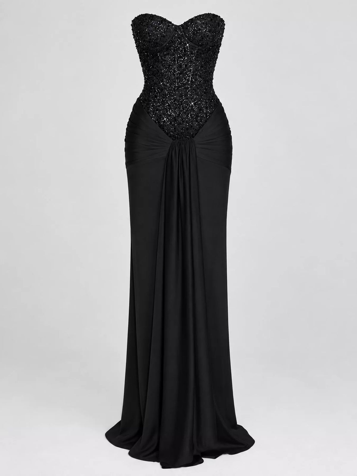 Elegant Strapless Sequin Corset Maxi Dress with Draped Waist Detail