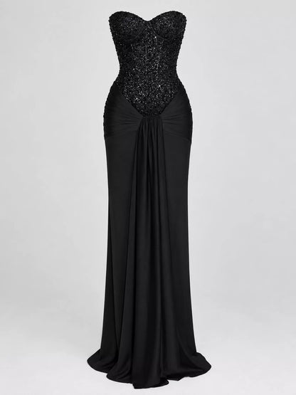 Elegant Strapless Sequin Corset Maxi Dress with Draped Waist Detail