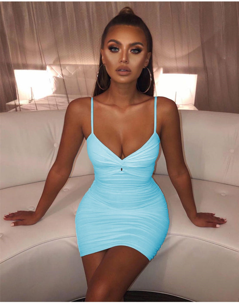 Suzie's Pleated Deep V-neck Mini Bodycon Dress