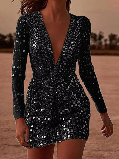 V-Neck Sequin Embellished Long Sleeve Mini Dress