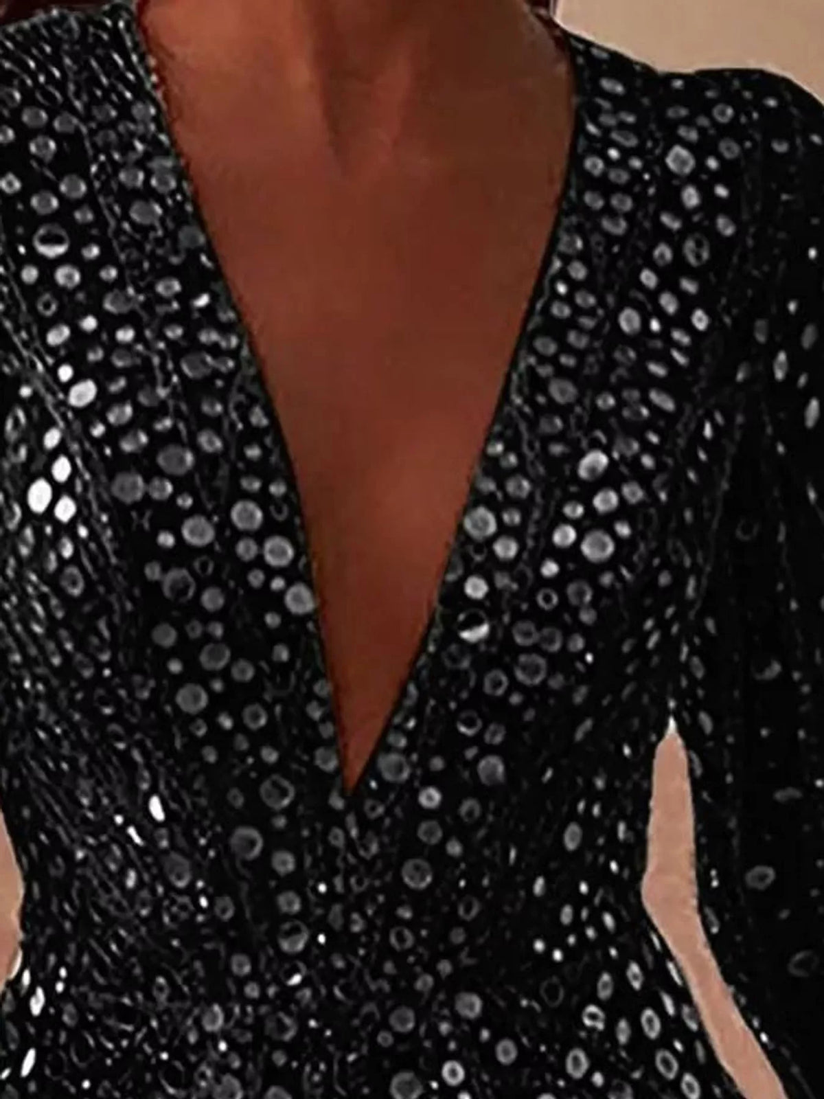 V-Neck Sequin Embellished Long Sleeve Mini Dress
