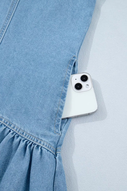 Button Down Short Puff Sleeve Ruffle Hem Denim Dress
