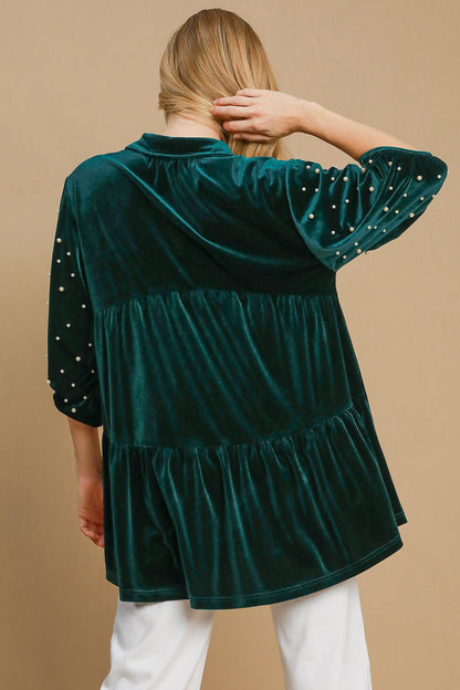 | Umgee Pearl Detail Half Sleeve Velvet Babydoll Blouse