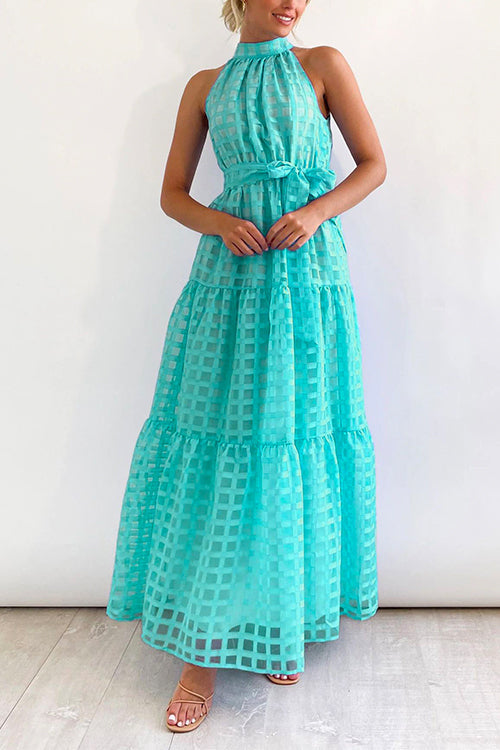 Mockneck Tie Waist Ruffle Tiered Plaid Mesh Maxi Swing Dress Cyan