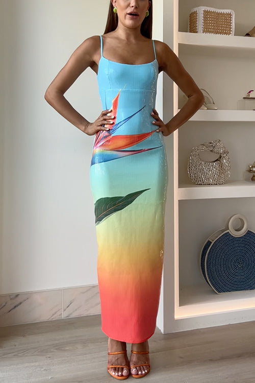 Back Slit Gradient Printed Sequin Maxi Cami Dress