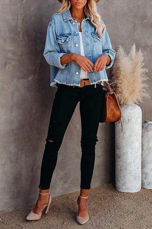 Raw Hem Button Down Short Denim Jacket