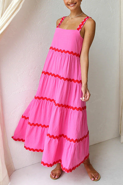 Ric Rac Ruffle Tiered Cami Maxi Holiday Dress HotPink
