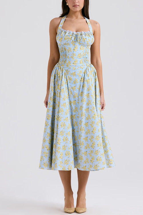 Tie Knot Halter Floral Print Swing Midi Sundress