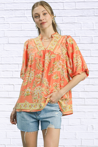 Umgee Apricot Floral Boho Blouse