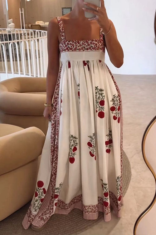 Square Collar Splice Floral Print Swing Maxi Cami Dress Red