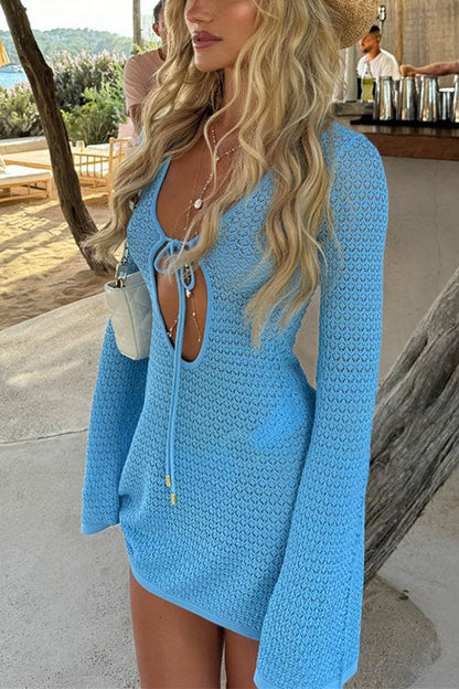 V Neck Cut Out Crochet Lace Cover Up Mini Dress
