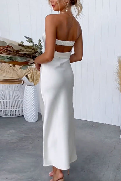 Backless Tube Top Solid Satin Maxi Party Dress