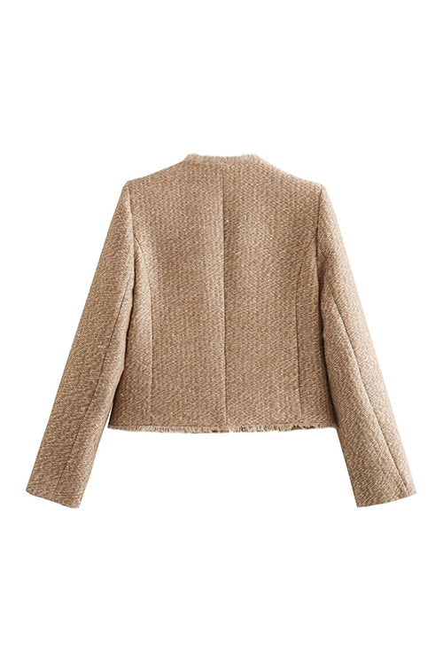 Button Up Frayed Hem Short Tweed Jacket