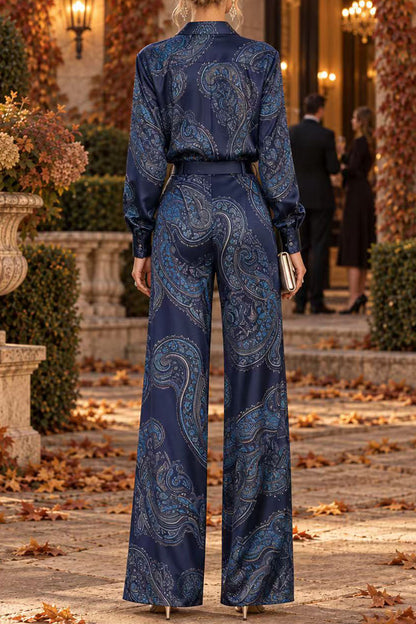 Lapel Long Sleeves Shirt High Rise Pocketed Straight Leg Pants Paisley Print Set (B)