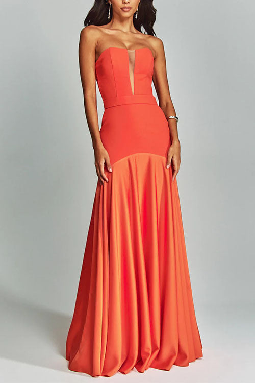 Mesh V Neck Strapless Splice Flare Maxi Party Dress
