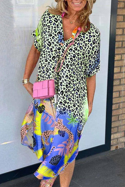 Short Sleeves Side Slit Leopard Splice Printed Midi Dress