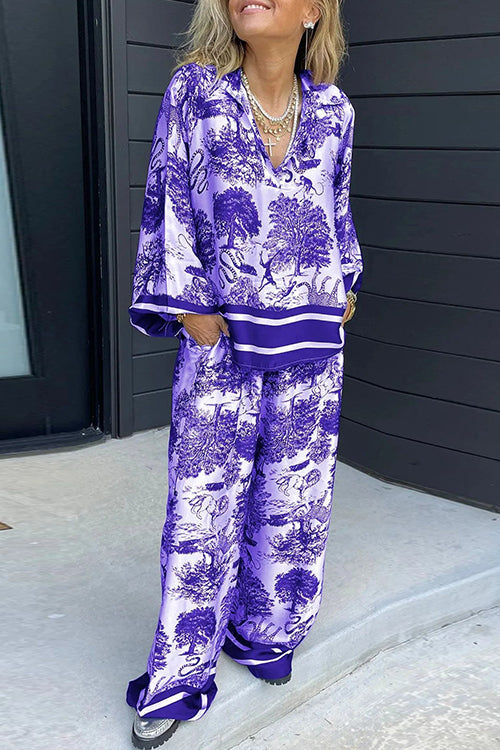 Lapel V Neck Long Sleeves Shirt Wide Leg Pants Printed Casual Set Purple