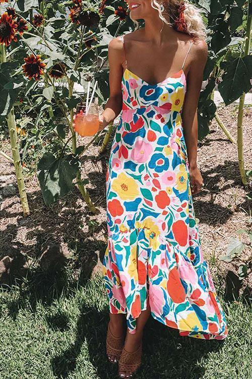V Neck Ruffled Hem Printed Maxi Cami Dress Multi