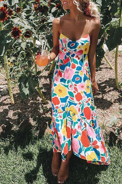 V Neck Ruffled Hem Printed Maxi Cami Dress Multi