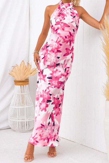 Tie Neck Backless Floral Printed Maxi Flowy Dress Red
