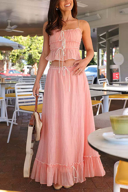 Frill Trim Bow Crop Cami Top and Ruffle Maxi Skirt Set