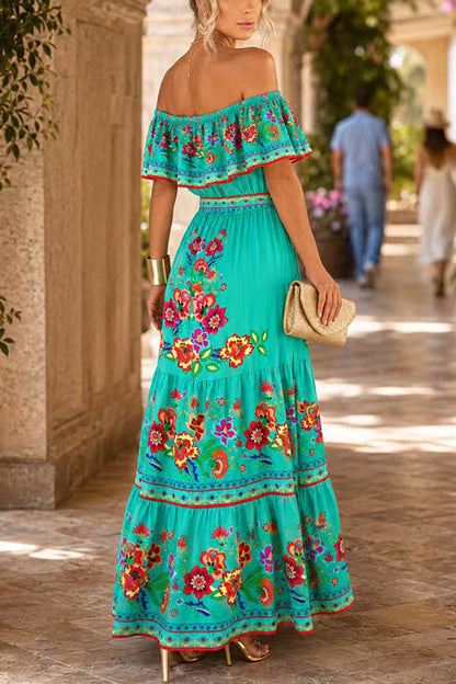 Off Shoulder Bow Waist Floral Print Ruffle Tiered Maxi Dress