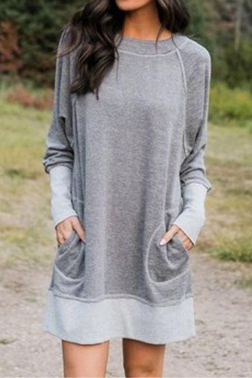 Maureen Pockets Casual Sweatershirt Dress LightGray