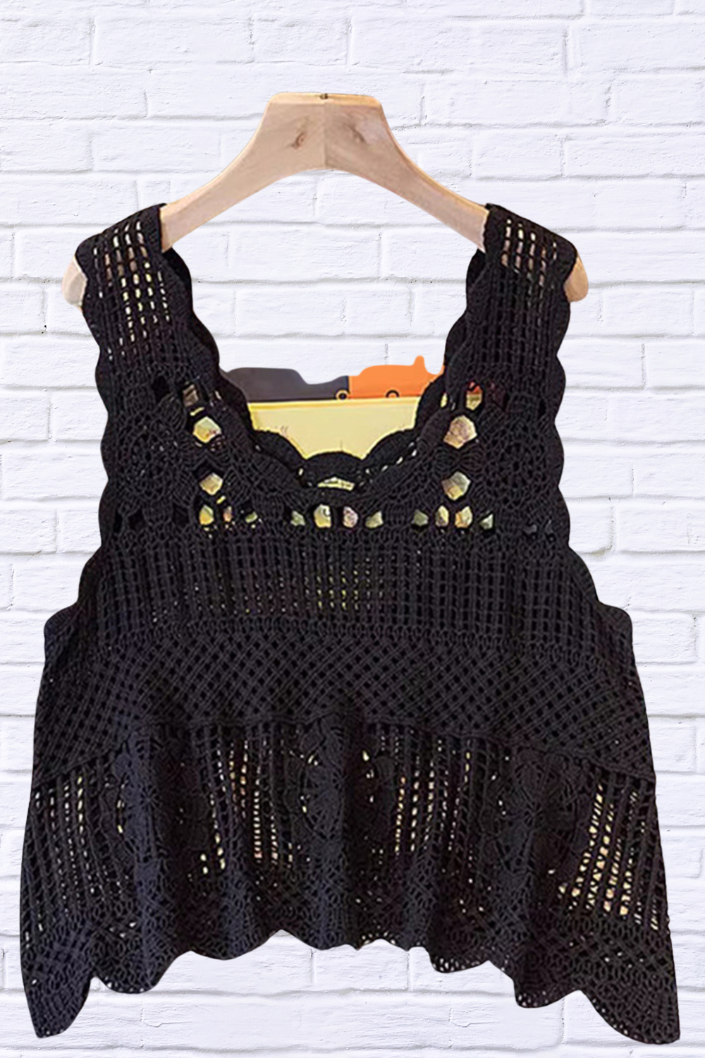 Openwork Semi Sheer Scoop Neck Tank Black One Size