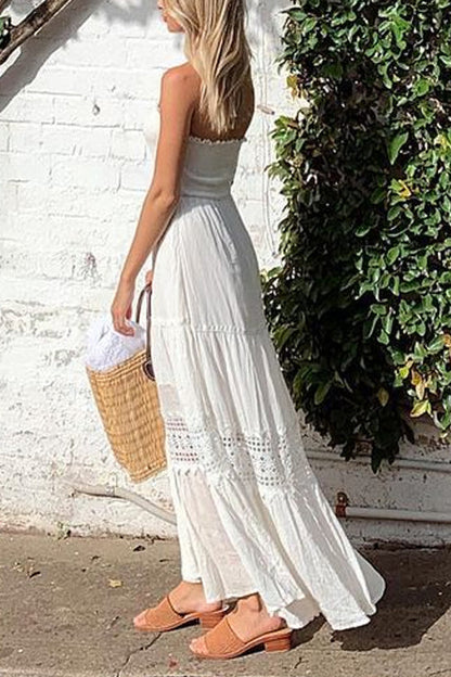 Strapless Tube Hollow Out Lace Splice Tiered Maxi Dress