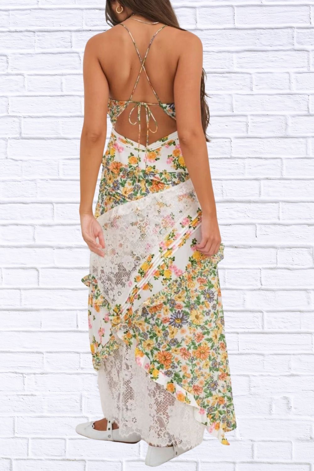 Lace Floral Ruffle Trim Maxi Dress for Women | Elegant Flowy Summer Dress | Romantic Wedding Guest & Vacation Dress