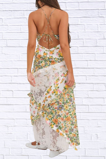Lace Floral Ruffle Trim Maxi Dress for Women | Elegant Flowy Summer Dress | Romantic Wedding Guest & Vacation Dress