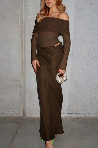 Off Shoulder Long Sleeves Mesh Splice Maxi Dress