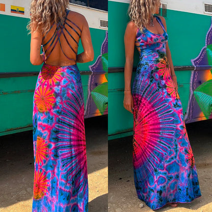 Strappy Backless Tie Dye Maxi Dress Blue