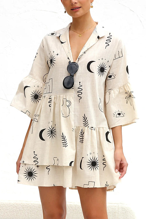 Flare Sleeves Button Down Graffiti Print Ruffle Shirt Dress Apricot