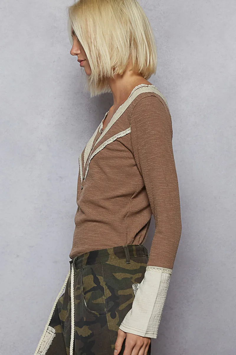 POL Ribbed Half Button Lace Detail Knit Top